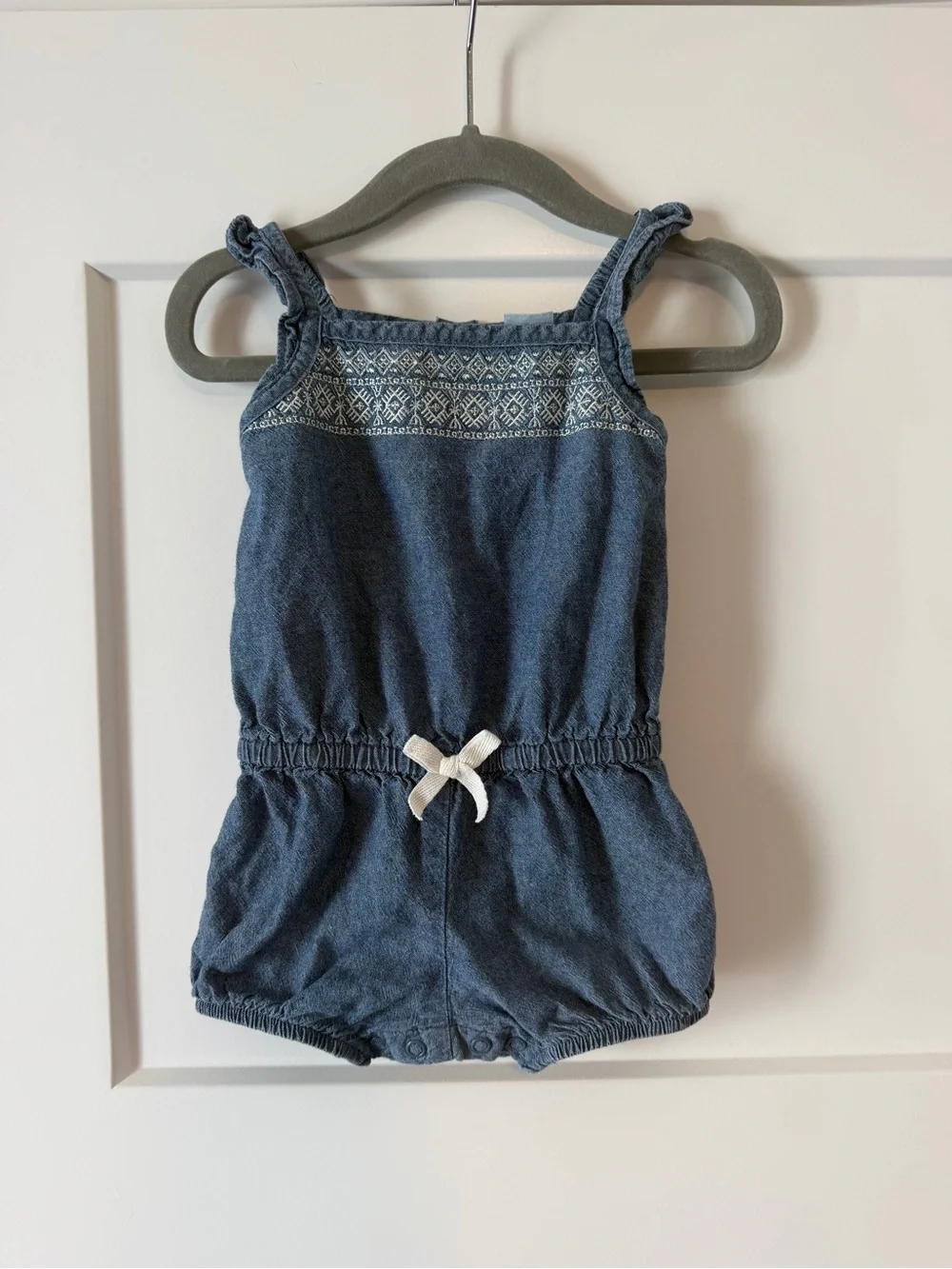 Carter's Blue Denim-Look Romper with White Bow